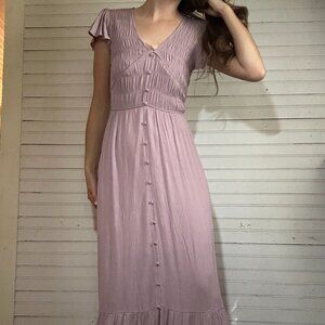 Oak & Trellis Button Front Mauve ruffle sleeve dress